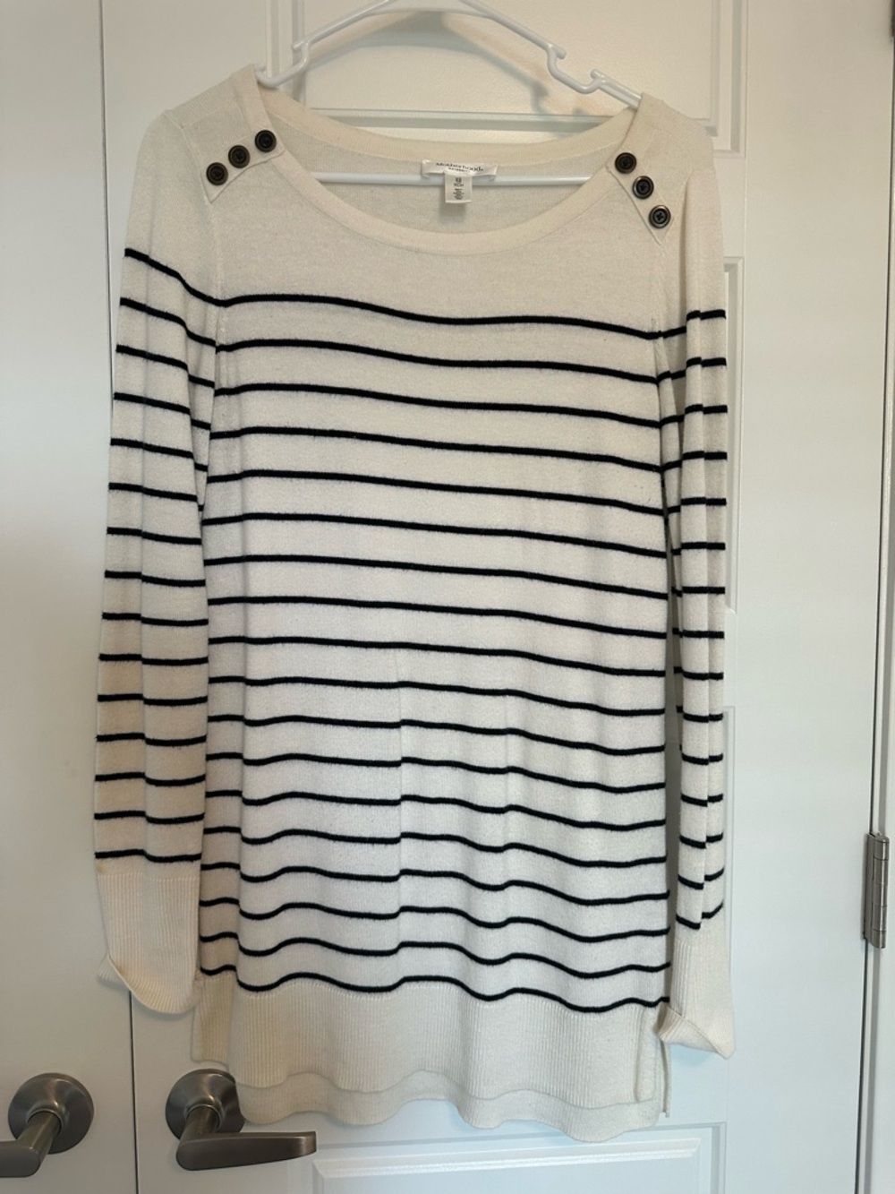 Maternity Cream and Black Striped Boatneck Sweater with Shoulder Buttons